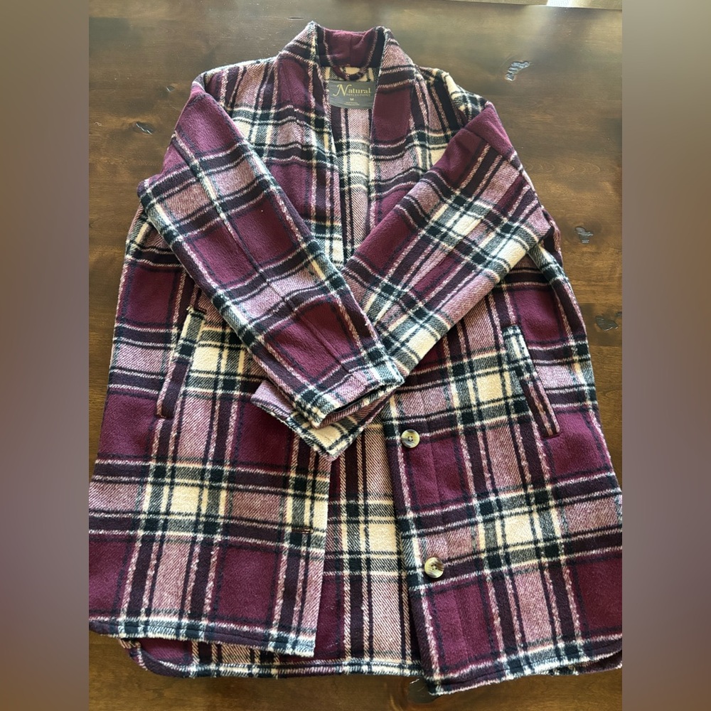 Natural Reflections Women's Plaid Pea Coat in Burgundy and Cream